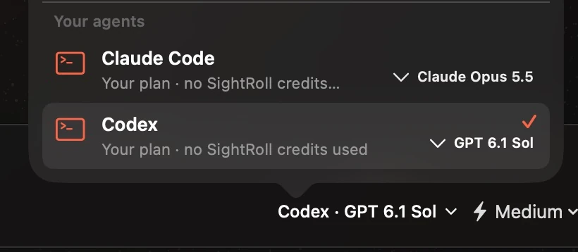 SightRoll’s Claude Code and Codex agent choices, with Claude Opus 5.5 and GPT 6.1 Sol model controls and Codex selected in the composer
