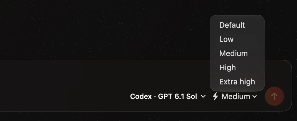 SightRoll’s Codex composer with the reasoning-effort menu open: Default, Low, Medium, High and Extra high