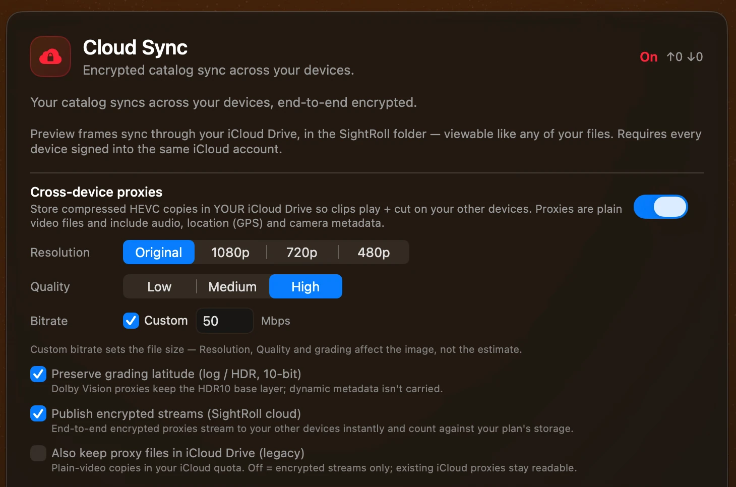 SightRoll Cloud Sync enabled, with proxy resolution, quality and bitrate controls, encrypted stream publishing checked, and the separate legacy iCloud file option unchecked